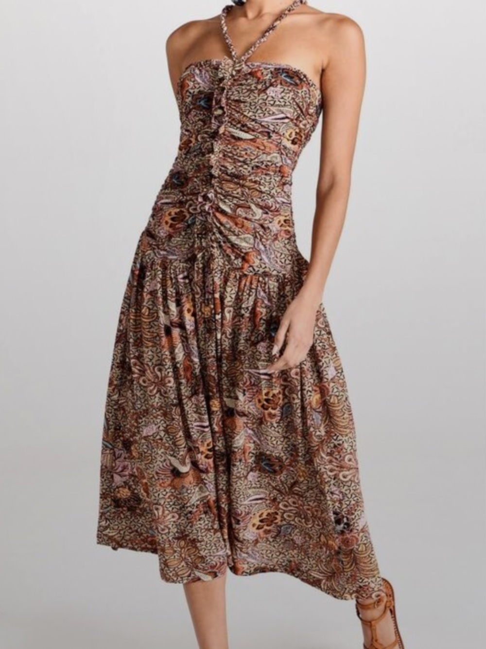 Ulla Johnson Ruched Strapless Silk Blend Midi Dress | Boho Floral Print | Size X - Picture 3 of 4